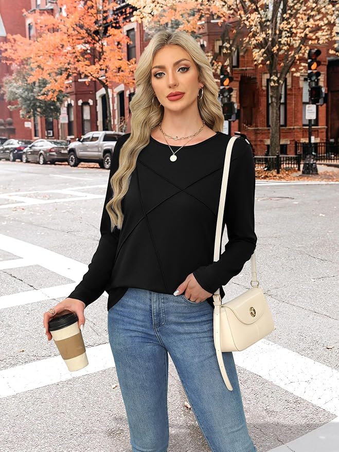 XIEERDUO Long Sleeve Shirts for Women Business Casual Tops Trendy Crewneck Fall T Shirts Pleated Loose Fit