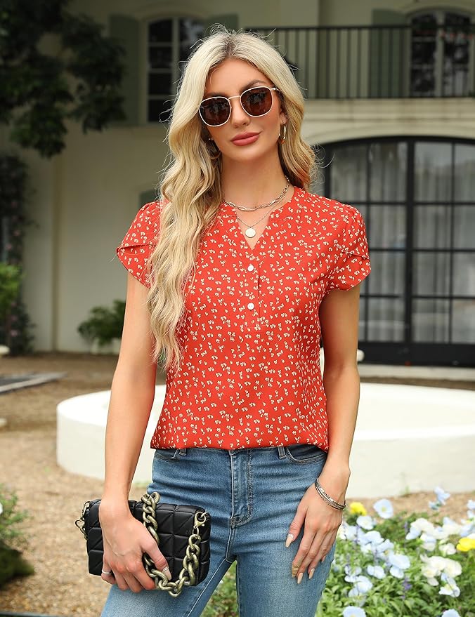 Blooming Jelly Women's Dressy Casual Tops Business Work Blouses White Button Down Shirts Cap Sleeve V Neck Tshirt