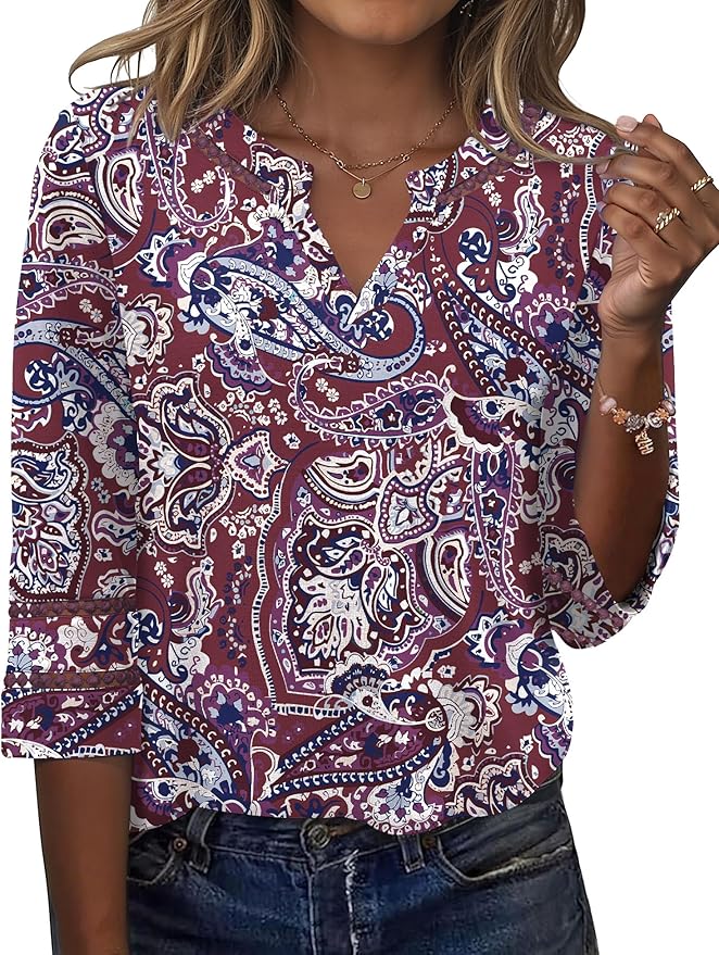 Ivicoer 3/4 Length Sleeve Womens Tops V Neck Lace Embroidered Summer Blouses Loose Fit Tunic Dressy Casual