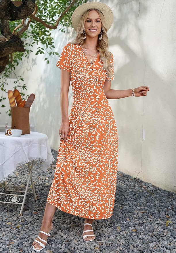 AUSELILY Maxi Dresses for Women Ankle Length Floral Print Beach Long Flowy Dress with Pockets