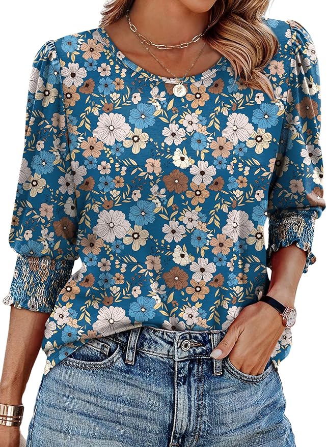 XIEERDUO Blouses for Women Dressy Casual 3/4 Length Sleeve Womens Tops with Smocked Cuffs
