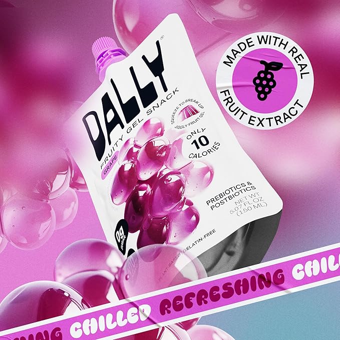 DALLY Grape Konjac Jelly Pouch (10 Pack) - Plant Based, Zero Sugar, Low-Calorie Jellified Fruit Snack - Vitamin C & Prebiotic Postbiotic Blend - Konjac Jelly Snack for Skin & Weight Management