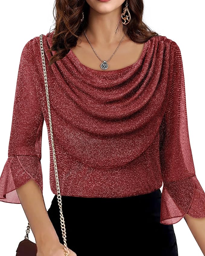 Lotusmile Blouses for Women Dressy Casual 3/4 Sleeve Cowl Neck Sparkly Tops Cocktail Shirts for Evening Party