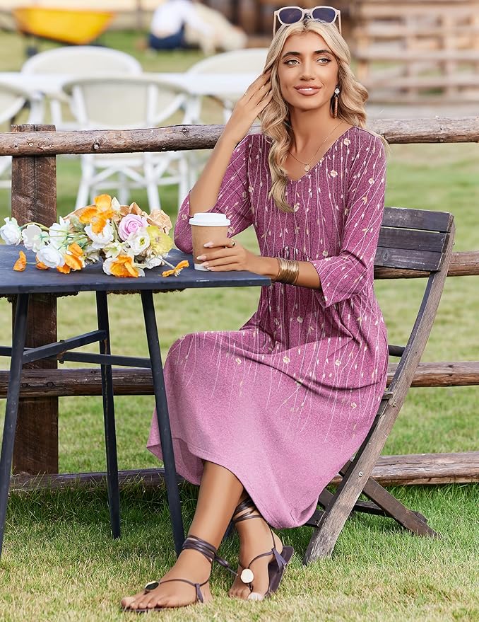 ZEAGOO 3/4 Sleeve Women's Dress Casual Flowy A-Line Midi Tshirt Dresses with Pocket Empire Waist Summer Boho Beach Sundress
