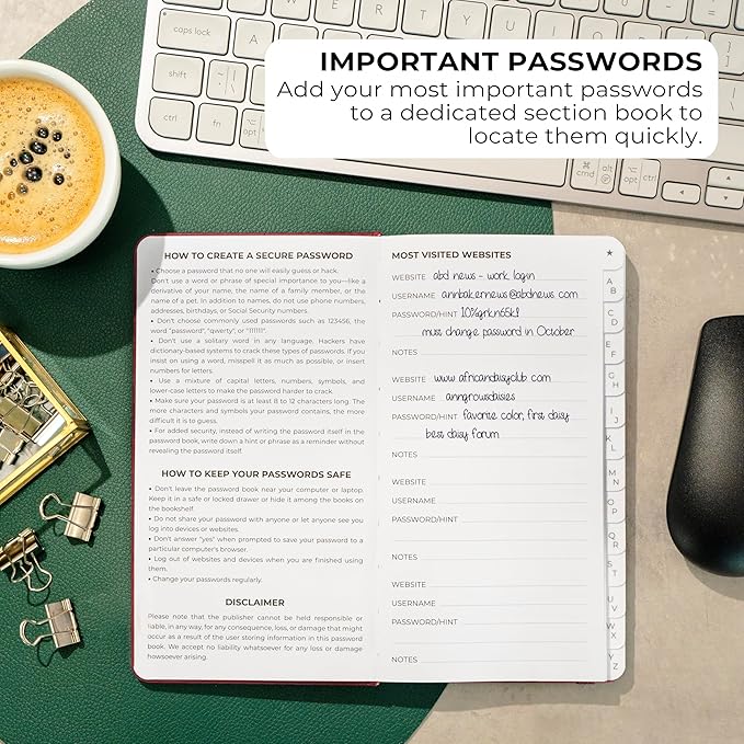 Clever Fox Password Book 2nd Edition – Hardcover Password Keeper with Alphabetical Tabs – Internet Address Notebook & Login Details Organizer Journal – 4.1x7.6” (Wine Red)