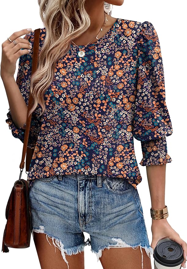 XIEERDUO Blouses for Women Dressy Casual 3/4 Length Sleeve Womens Tops with Smocked Cuffs