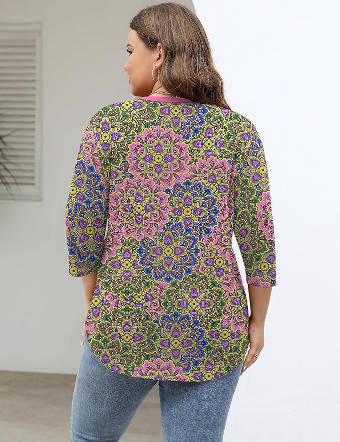 TFSDOD Womens Plus Size Tops V Neck T Shirts 3/4 Sleeve Blouse Summer Casual Tees XL-5X