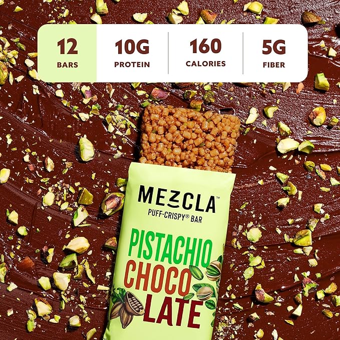 Mezcla Puff Crispy Protein Bars, Gluten Free & Vegan Protein Bars, 10g Protein, Alt for Pistachio Dubai Chocolate Bar, Granola Bars & Breakfast Bars, Healthy Snacks for Adults, Pistachio Chocolate, 12 Pack