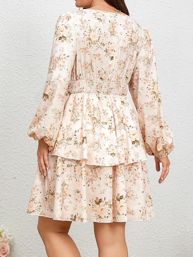 RWJ Plus Size Dresses for Curvy Women V Neck Long Sleeve Elastic Waist Fall Wedding Guest Layer Casual Mini Dress