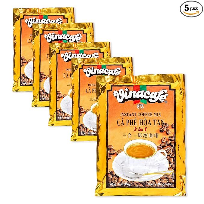 Vinacafe Instant Coffee Packets 3 in 1 Authentic Vietnamese Taste, Balanced Medium Roast Coffee Mix for Quick Preparation at Home, Office or Travel, Single Serve Sachets Pack of 5 | 20 Sachets Per Bag (100 Total Counts)