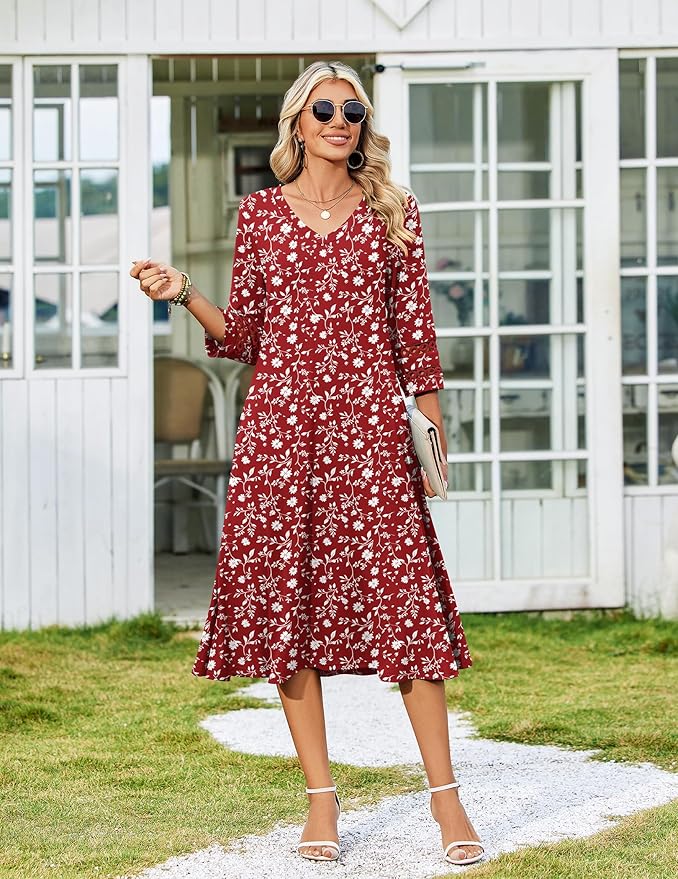 Zeagoo Women's Dresses 3/4 Sleeve Summer Casual V-Neck A Line Flowy Eyelet Midi Dress for Women Beach Vacation Sundress