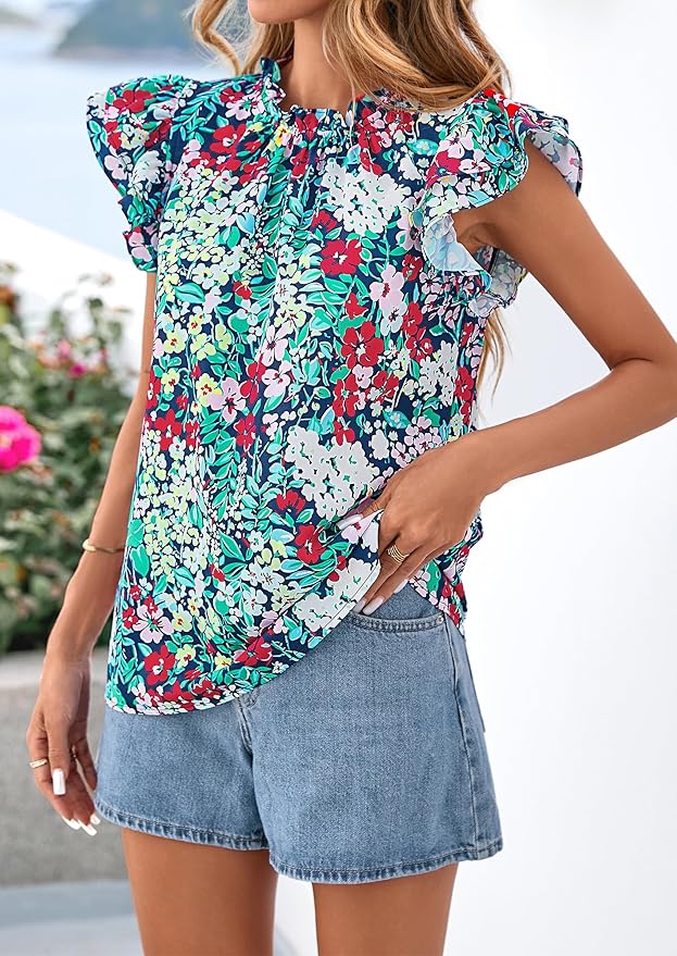 PRETTYGARDEN Women's Ruffle Short Sleeve Summer Tops 2026 Trendy Floral Trim Neck Casual Dressy Chiffon Boho Blouses Shirts