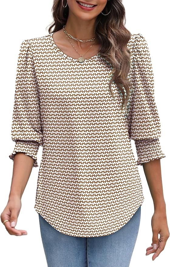 XIEERDUO Blouses for Women Dressy Casual 3/4 Length Sleeve Womens Tops with Smocked Cuffs