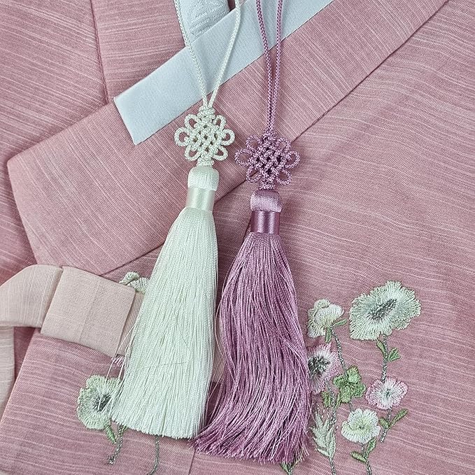 Seoulful Vintage Mini Korean Silk Knot Norigae Set - 2 Pack Traditional Tassel Charms in 7 Colors - Decorative Hanbok Accessories (White)