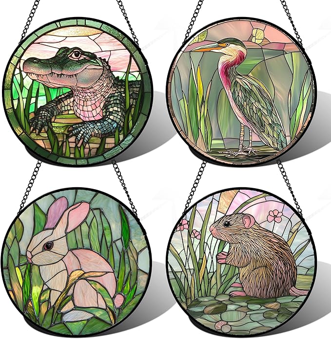 Stained Glass Window Hanging 4 Pcs Set Cute Animal 7.8"- Green Plant Pink Suncatcher Door Garden Sun Catcher Decor Birthday Christmas for Mom Woman Nana Men Friend
