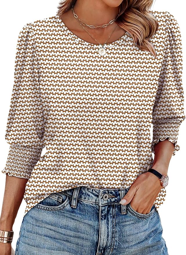 XIEERDUO Blouses for Women Dressy Casual 3/4 Length Sleeve Womens Tops with Smocked Cuffs