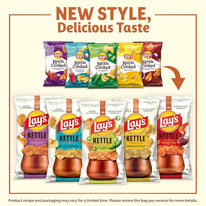 Lay's Kettle Cooked Potato Chips, 40% Less Fat Original, 1.375 Ounce (Pack of 64)
