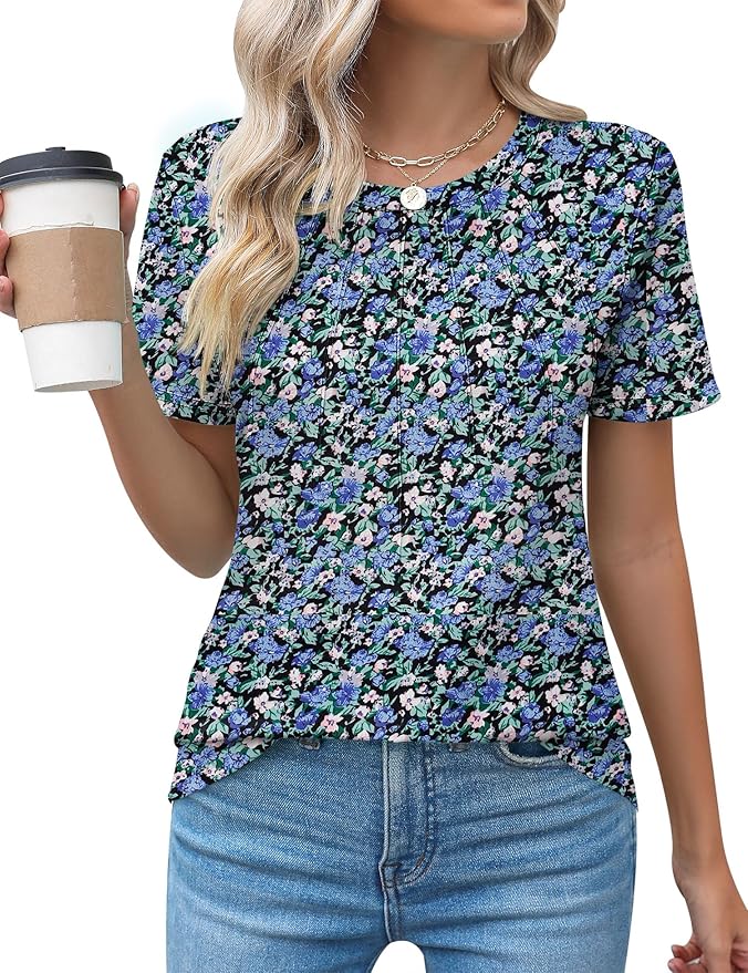 Kistore Womens Casual Crew Neck Short Sleeve Pleated Tops Blouses Fashion Clothes 2026