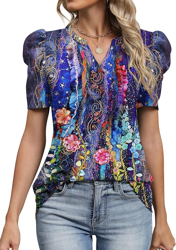 Lomon Spring Summer Tops for Women 2026 V Neck Puff Short Sleeve Tops Fashion Trendy Work Blouses Dressy Casual S-XXL
