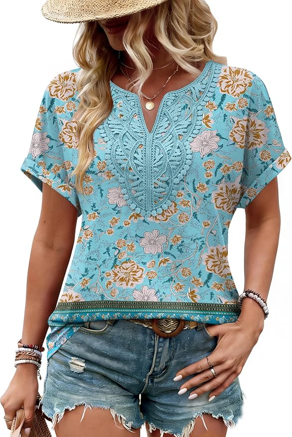 Sipaya Womens Blouses Dressy Casual Summer Shirts Short Sleeve Lace Front Boho Tunic Tops for Leggings Fashion Clothes