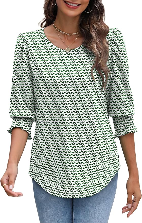XIEERDUO Blouses for Women Dressy Casual 3/4 Length Sleeve Womens Tops with Smocked Cuffs