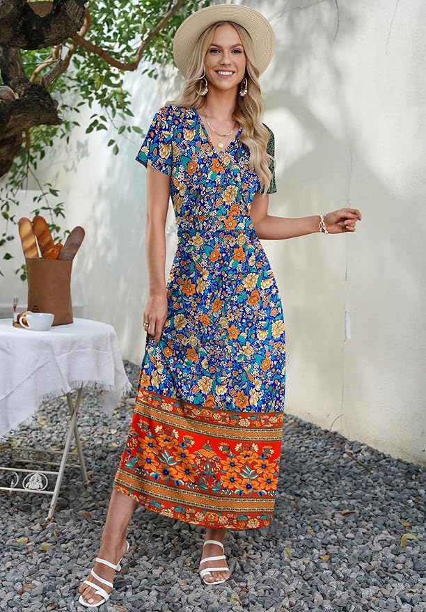 AUSELILY Maxi Dresses for Women Ankle Length Floral Print Beach Long Flowy Dress with Pockets