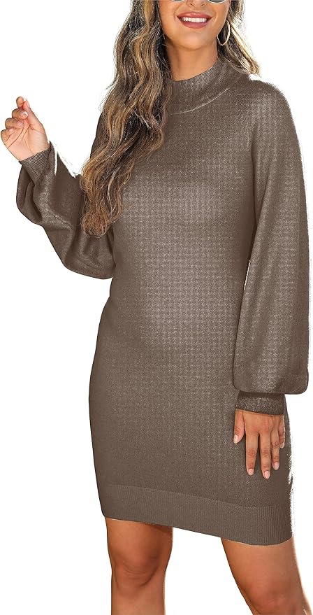 GRECERELLE 2026 Women's Mock Neck Ribbed Long Sleeve Bodycon Pullover Cute Mini Sweater Dress (XS-2XL)