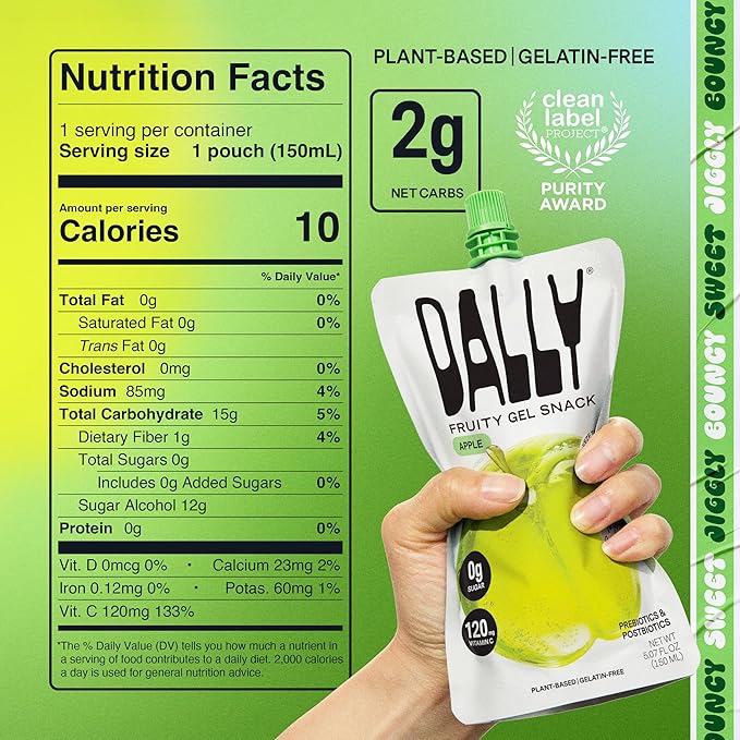 Dally Apple Drinkable Konjac Jelly (10 Pouches) – 10-Calorie, Zero Sugar Korean Fruit Snack – Prebiotics & Postbiotics for Skin, Immune & Weight Management