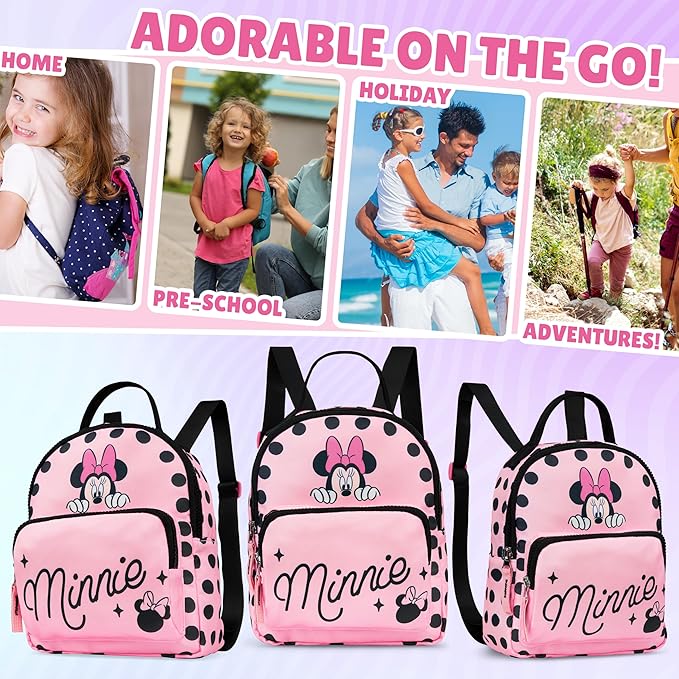 Get Trend Disney Minnie Mouse Mini Backpack for Girls Toddlers 9x7” Travel Bag Cute Bag for Daycare Trips Vacation Fashion Gifts for Girls (Pink Minnie Mouse)