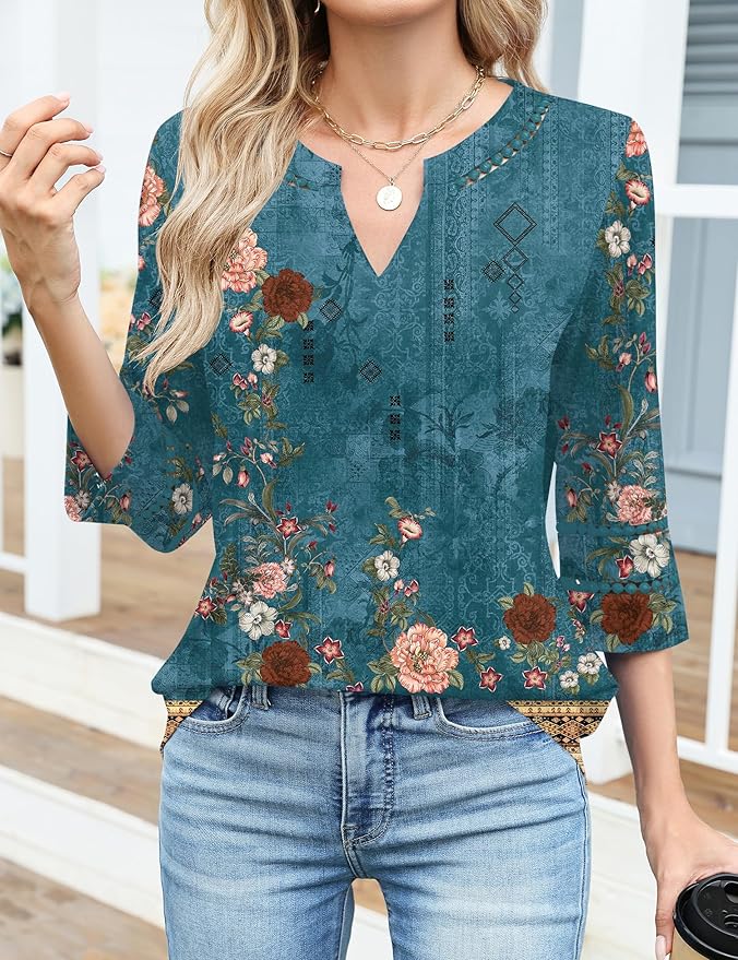 Ivicoer 3/4 Length Sleeve Womens Tops V Neck Lace Embroidered Summer Blouses Loose Fit Tunic Dressy Casual