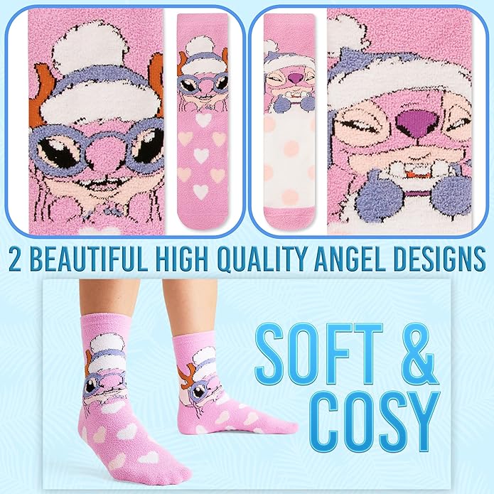 Disney Slippers Socks for Women & Teens US Size 4-9, Pack of 2 Non Slip Fleece Winter Socks, Soft & Fluffy, Gifts for Her