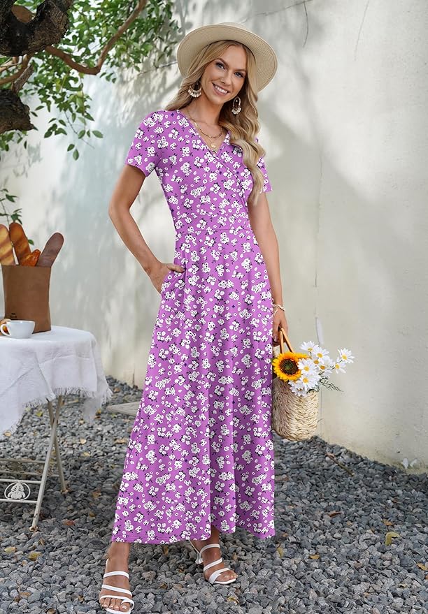 AUSELILY Maxi Dresses for Women Ankle Length Floral Print Beach Long Flowy Dress with Pockets