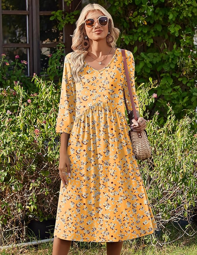 ZEAGOO 3/4 Sleeve Women's Dress Casual Flowy A-Line Midi Tshirt Dresses with Pocket Empire Waist Summer Boho Beach Sundress