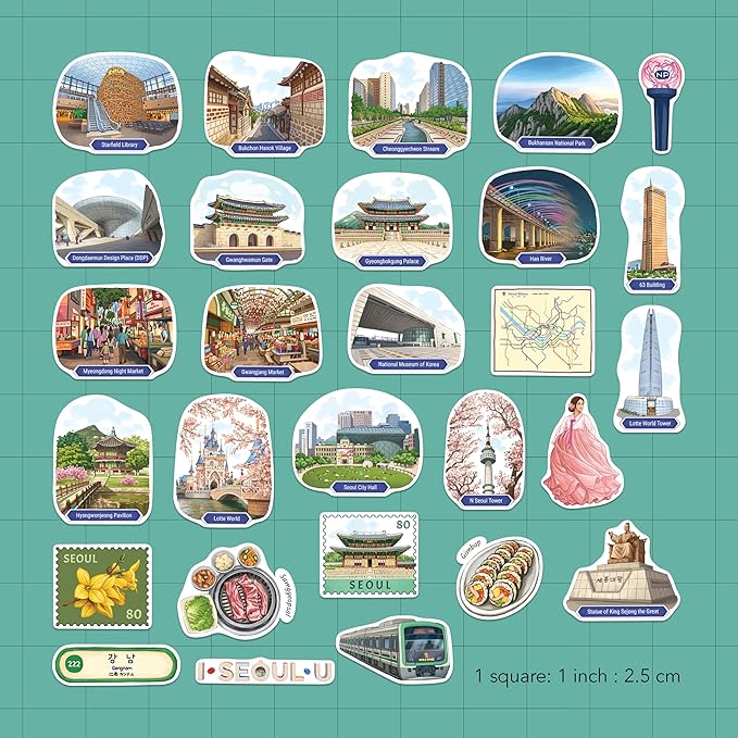 Navy Peony Energetic Seoul Travel Stickers (28pcs)-Gouache, Spring, South Korea, Korean City-Themed Vacation Stickers for Scrapbooks, Journals