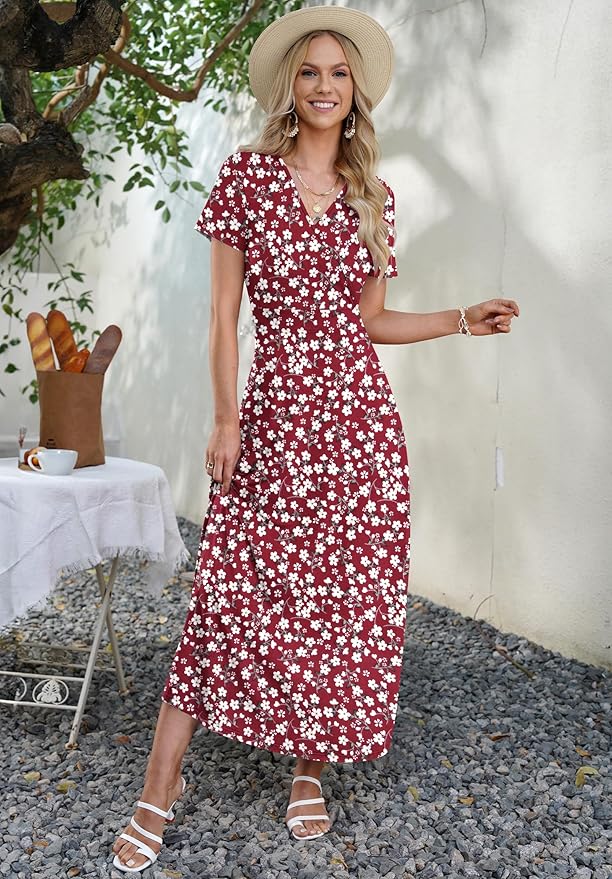 AUSELILY Maxi Dresses for Women Ankle Length Floral Print Beach Long Flowy Dress with Pockets