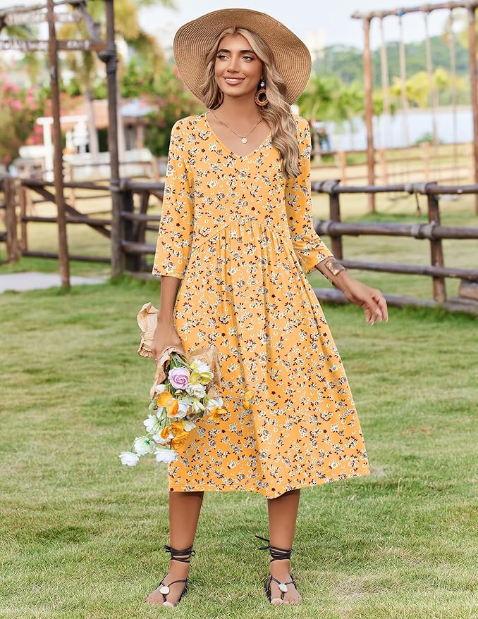 ZEAGOO 3/4 Sleeve Women's Dress Casual Flowy A-Line Midi Tshirt Dresses with Pocket Empire Waist Summer Boho Beach Sundress