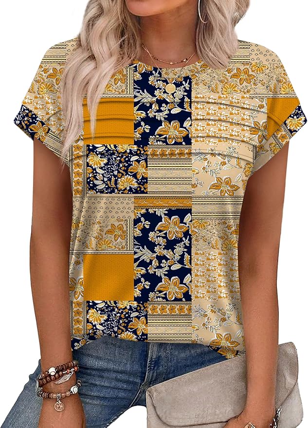 WEESO Womens Summer Tops Trendy 2026 Cap Sleeve T Shirts Crew Neck Pleated Front Beach Vacation Clothes Fashion
