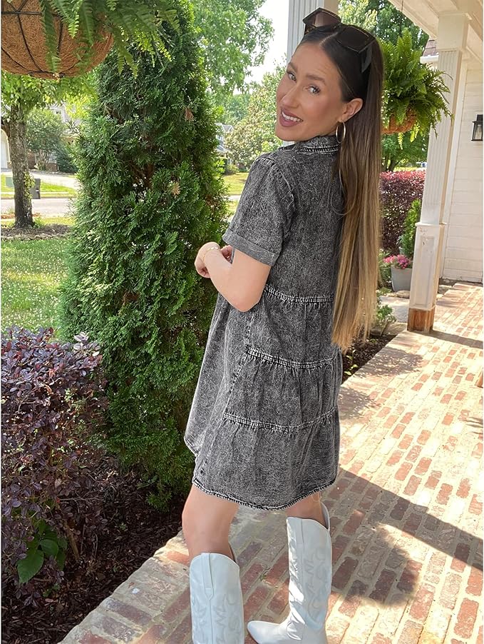 LookbookStore Women's Short Sleeve Button Down Flowy Tiered Babydoll Denim Dress