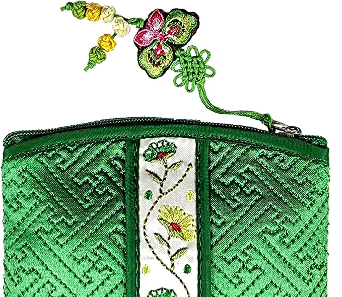Seoulful Vintage Korean Embroidered Card Pouch - Wildflower Design Coin Purse with Butterfly Charm - Traditional Korean New Year's Gifts (Green)