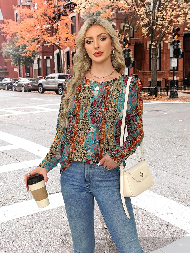 XIEERDUO Long Sleeve Shirts for Women Business Casual Tops Trendy Crewneck Fall T Shirts Pleated Loose Fit