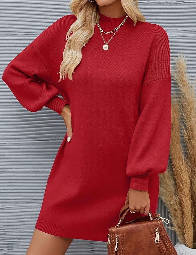ZESICA Women's 2026 Fall Turtleneck Sweater Dress Oversized Long Lantern Sleeve Casual Knit Pullover Mini Dresses