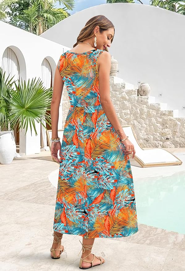 WNEEDU Women's Summer Maxi Dress 2026 Casual Sleeveless Hawaiian Sundress Tropical Long Dress Beach Vacation Outfit