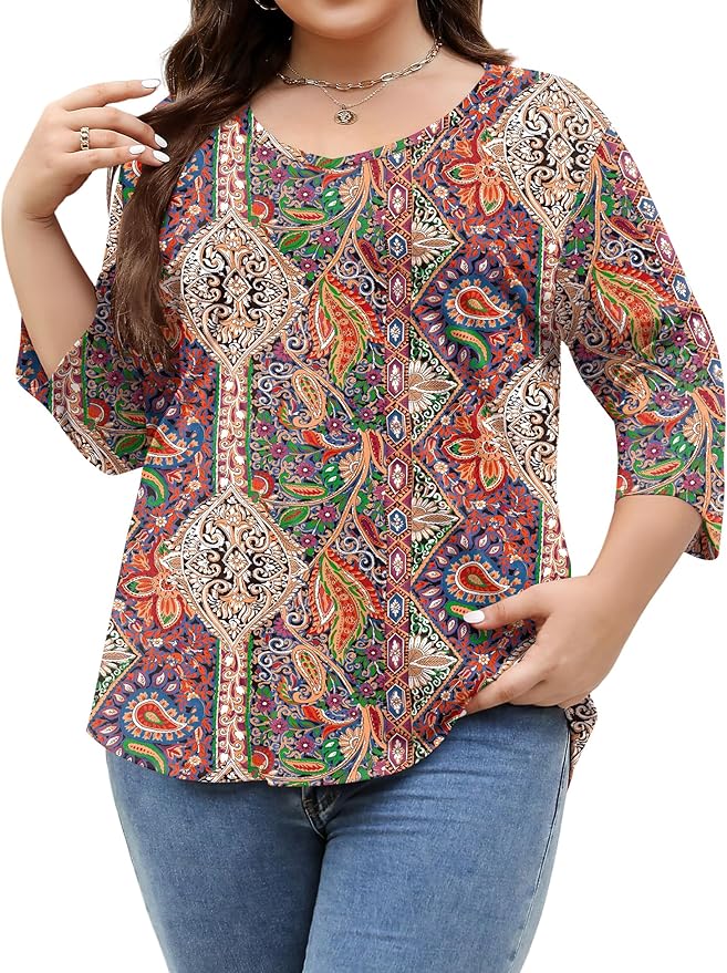 TFSDOD Womens Plus Size Tops V Neck T Shirts 3/4 Sleeve Blouse Summer Casual Tees XL-5X
