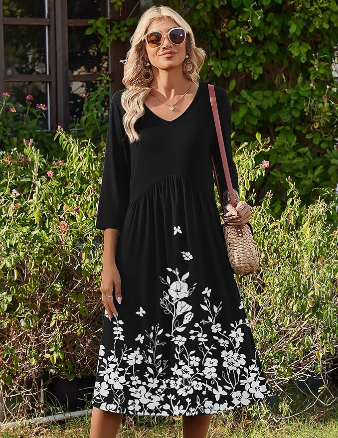 ZEAGOO 3/4 Sleeve Women's Dress Casual Flowy A-Line Midi Tshirt Dresses with Pocket Empire Waist Summer Boho Beach Sundress