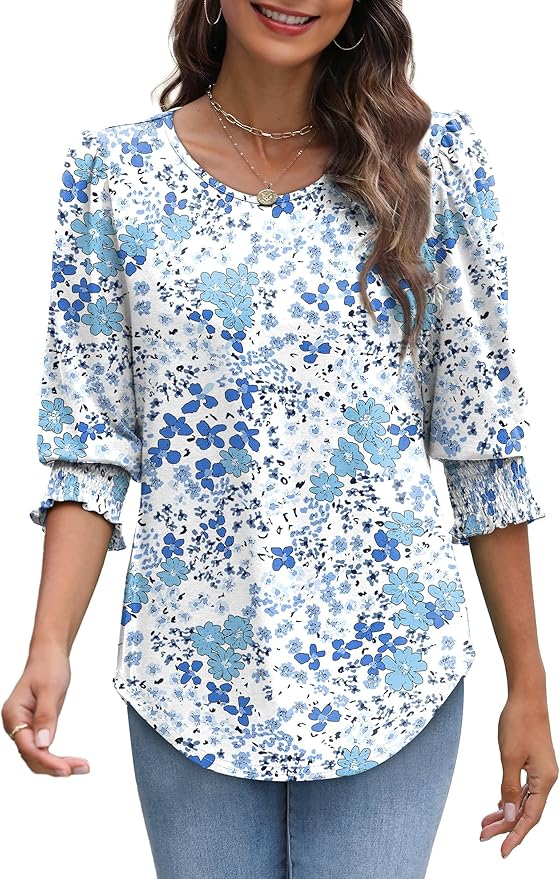 XIEERDUO Blouses for Women Dressy Casual 3/4 Length Sleeve Womens Tops with Smocked Cuffs