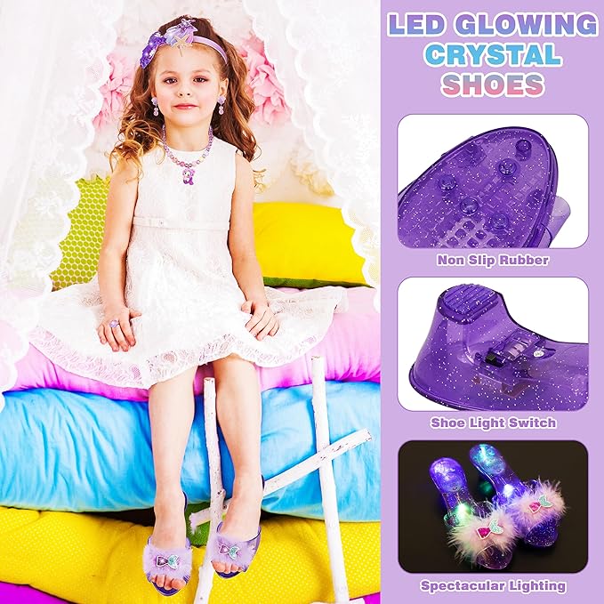 LJZJ Princess Dress Up for Girls, Toddler Toys for Ages 3-8, 3 PCS Light Up Toddler Dress Up Clothes with Accessories, Kids Toys for 3 4 5 6 7 8 years Girl Christmas Halloween Birthday Gift