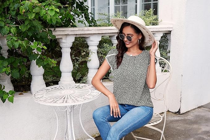 TASAMO Women's Casual Round Neck Basic Pleated Top Cap Sleeve Curved Keyhole Back Chiffon Blouse