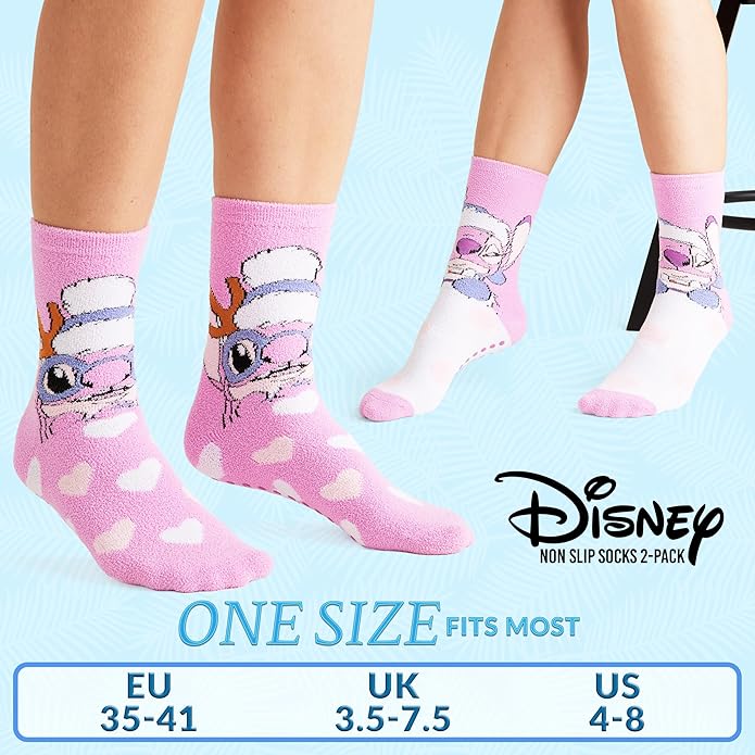 Disney Slippers Socks for Women & Teens US Size 4-9, Pack of 2 Non Slip Fleece Winter Socks, Soft & Fluffy, Gifts for Her