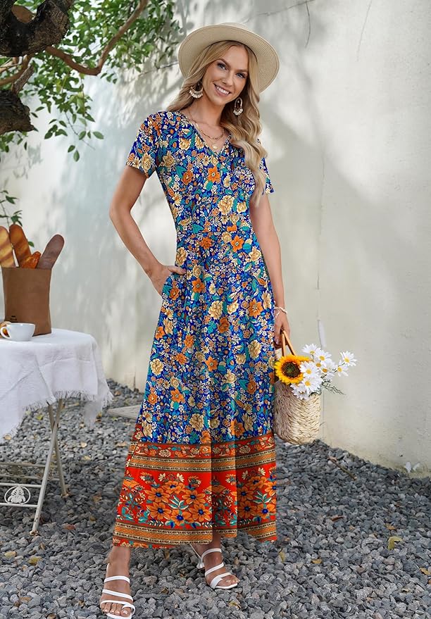 AUSELILY Maxi Dresses for Women Ankle Length Floral Print Beach Long Flowy Dress with Pockets