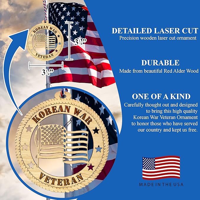 Jolette Designs Korean War Veteran Gifts - USA-Made, Natural Wood Military Gift Ornament for US Korea War Veterans - Patriotic American US Flag Decorations Ornaments for Car Mirror and Christmas Tree
